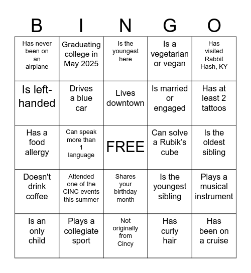 Find the Intern Bingo Card