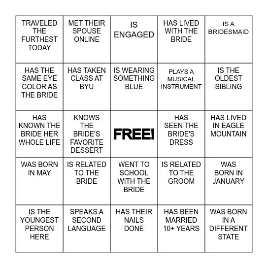 Bridal Bingo Card