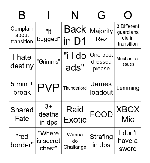 D2 LFG Bingo Card