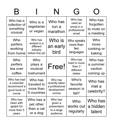 Icebreaker Bingo Card