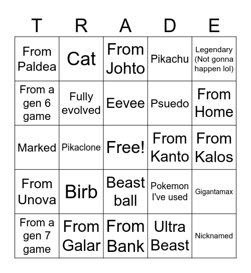 Wonder Trade Bingo! :D Bingo Card