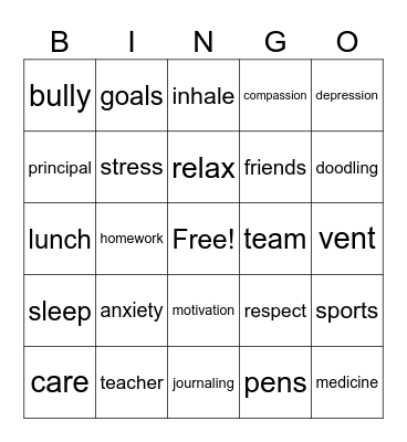 School mental health Bingo Card