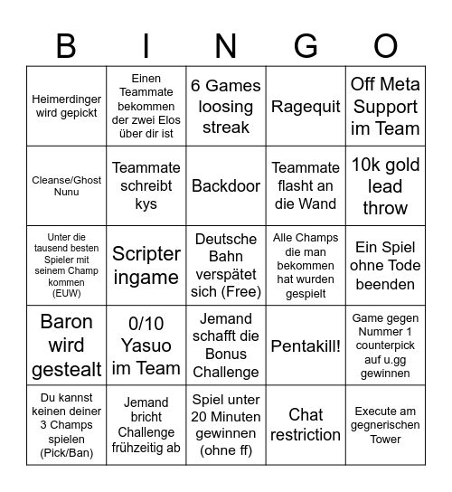 League of Legends Challenge Bingo Card