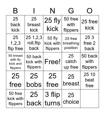 Junior swim bingo Card