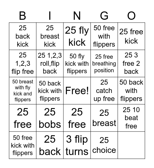 Junior swim bingo Card