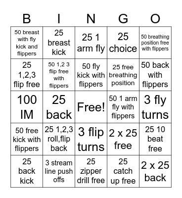 Junior swim bingo Card