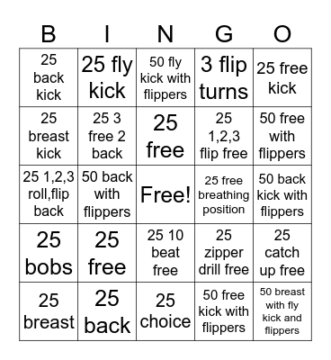 Junior swim bingo Card