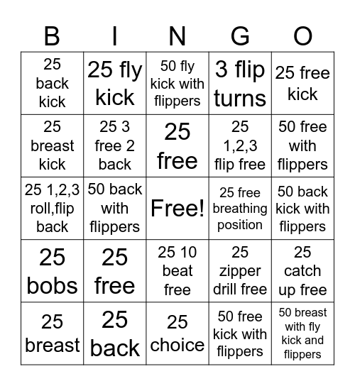 Junior swim bingo Card