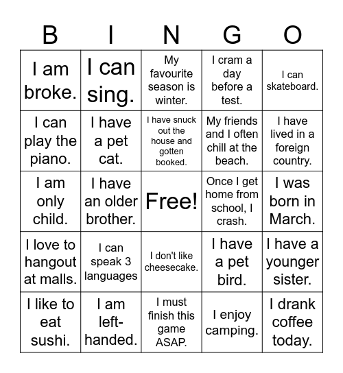 Summer Camp Bingo Card