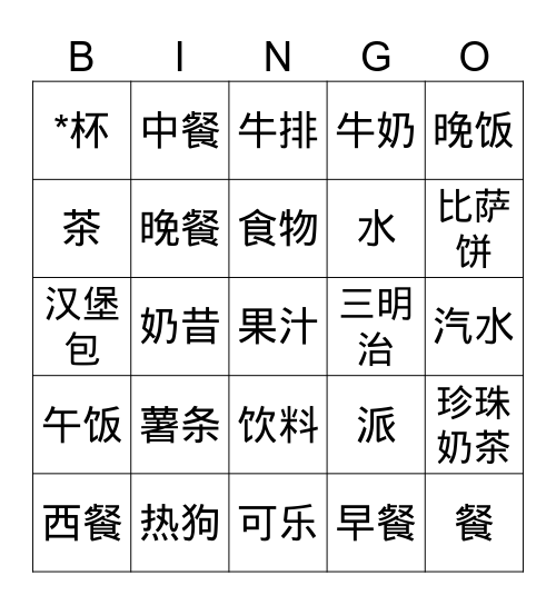 Unit 1.2_ 一日三餐_3 meals a day Bingo Card