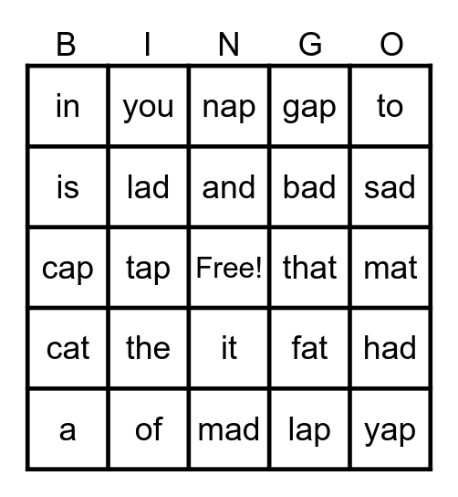 Sight Words 1-10, -ap, -at, -ad Bingo Card