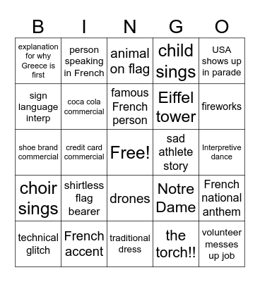 2024 Olympic opening Bingo Card