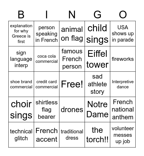 2024 Olympic opening Bingo Card