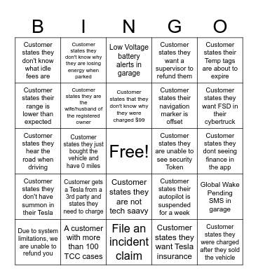 Tesla Support Bingo Card