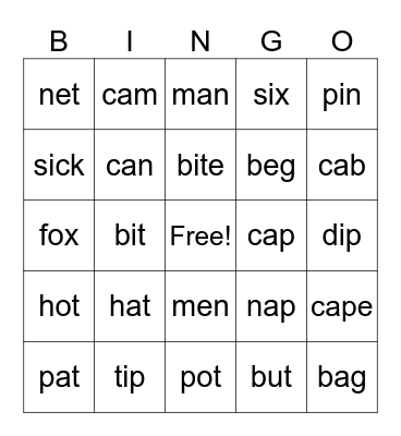Short a and i Bingo Card