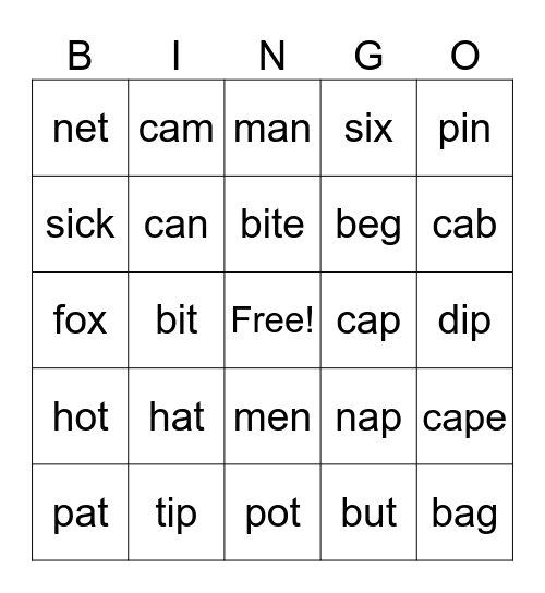 Short a and i Bingo Card