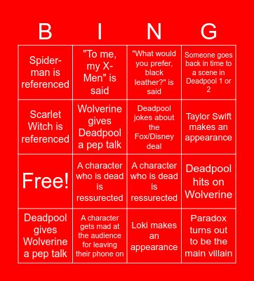 Deadpool and Wolverine Bingo Card