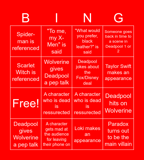 Deadpool and Wolverine Bingo Card