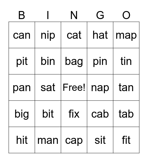 Short a, i Bingo Card