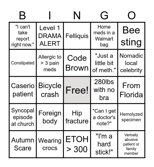 Sunday Funday ED Bingo Card