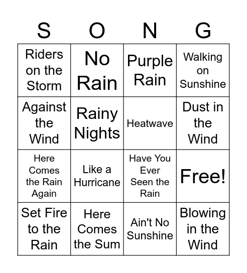 Weather Songs Bingo Card