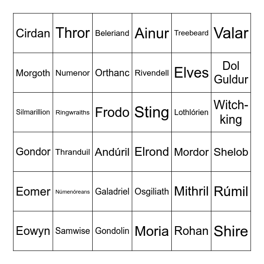 Bilbo Baggins' Bingo Card