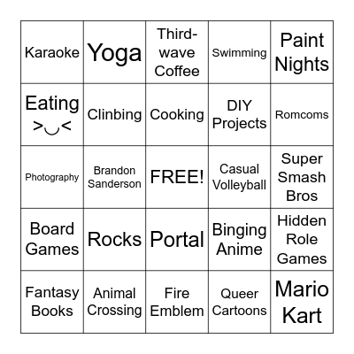 Any common Interests? Bingo Card