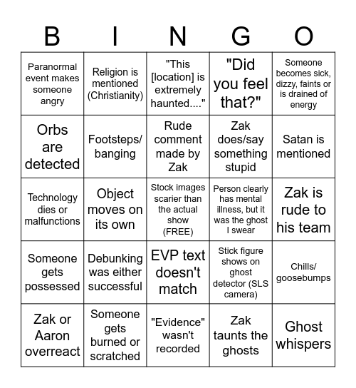 Ghost Adventure Bingo Card