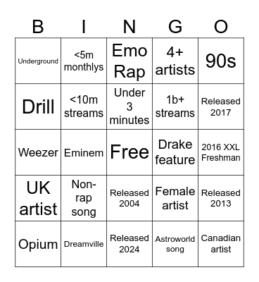 w playlist Bingo Card