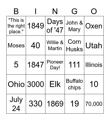 Pioneer Day Bingo Card