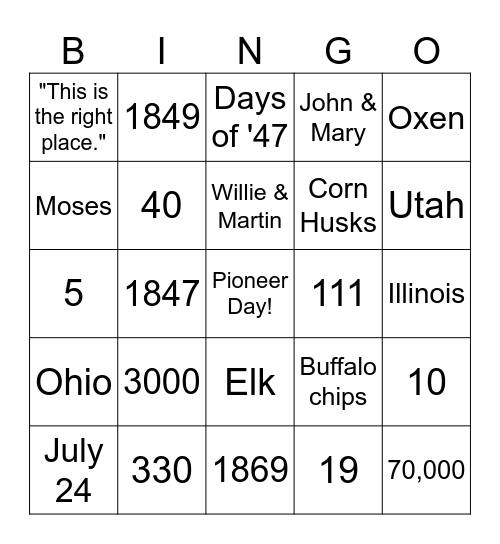 Pioneer Day Bingo Card