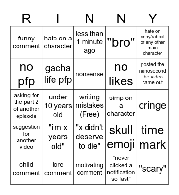 PB Comment Section Bingo Card