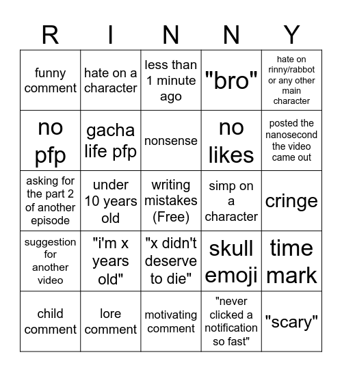 PB Comment Section Bingo Card