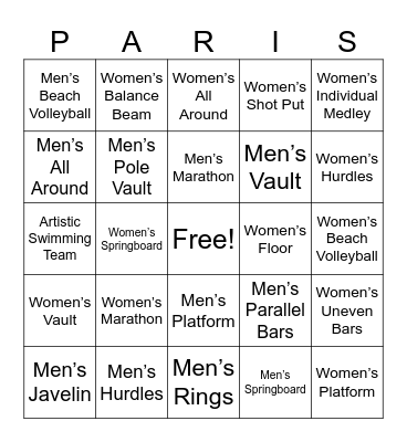 Olympics 2024 Bingo Card