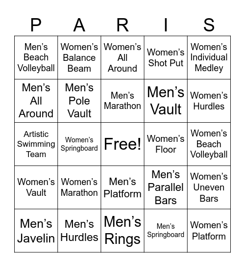 Olympics 2024 Bingo Card