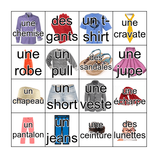 Les vêtements Bingo Card