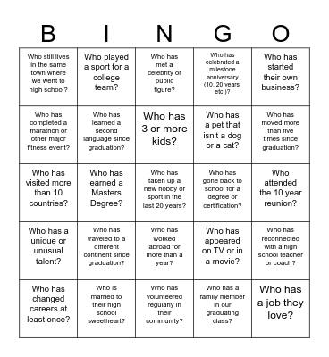 City Of Bend Class of 2004 Reunion Bingo Card