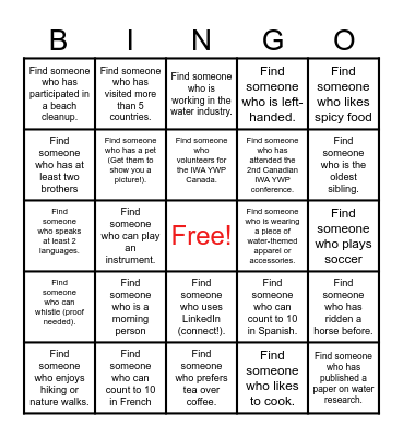 IWA YWP Canada Social Night Bingo Card