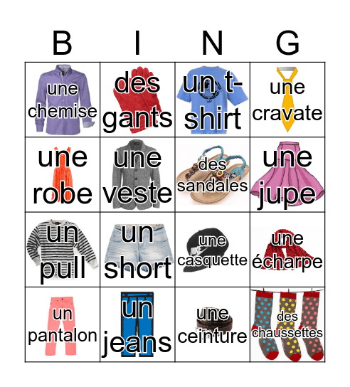 Les vêtements Bingo Card