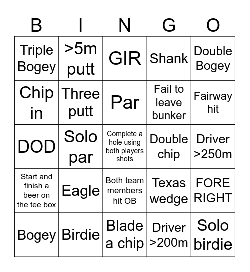 Golf Bingo Card