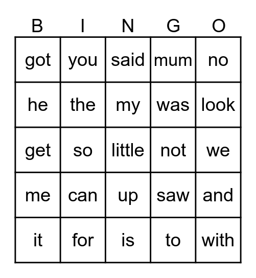 Sight Words Bingo Card