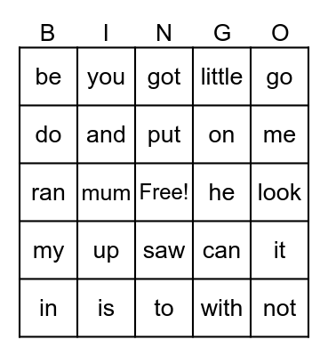 Sight Words Bingo Card