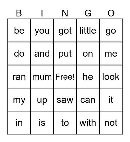 Sight Words Bingo Card