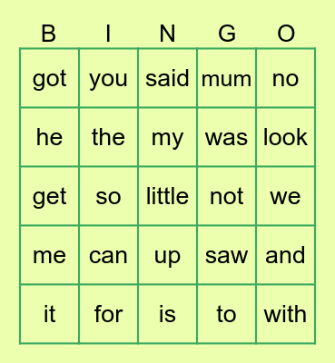 Sight Words Bingo Card