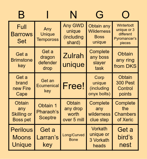 Old School RuneScape Bingo Card