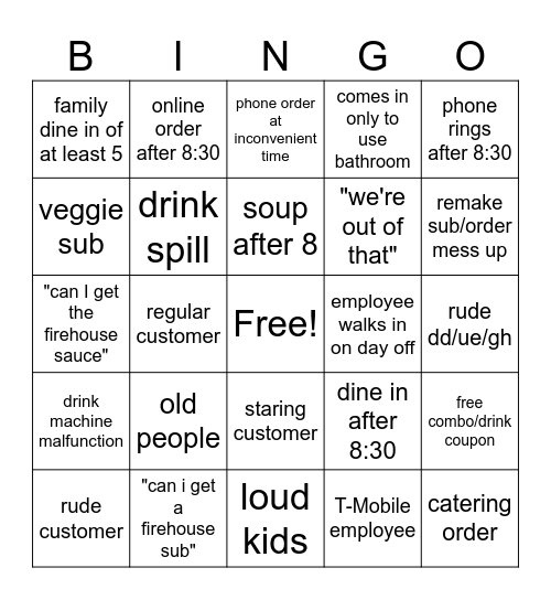 Fire House Subs Bingo Card