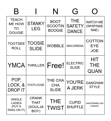 Dance Songs Bingo Card