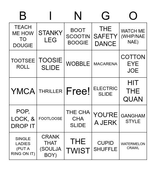 1/29- Dance Songs Bingo Card