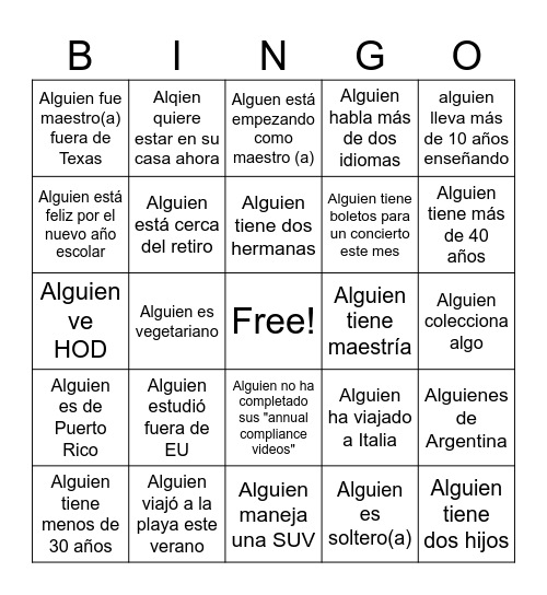 Conociéndonos Bingo Card