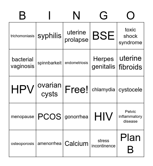 Women's Health Bingo Card